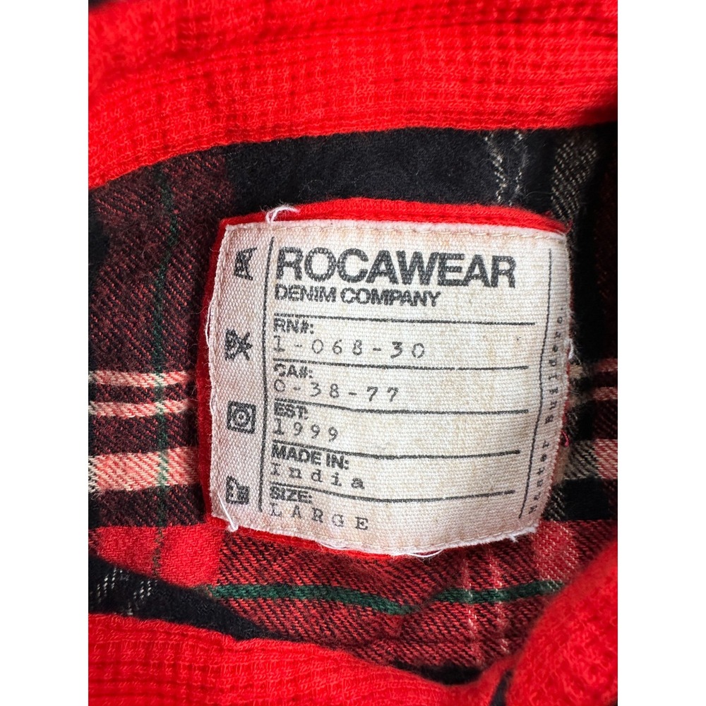 Rocawear Flannel Shirt Mens Large Red Blue Plaid Patch Sleeve Pockets Button-Up - Picture 2 of 4